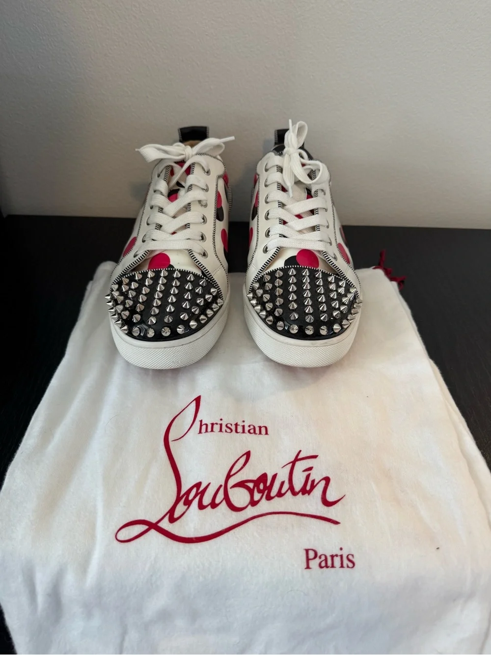 Christian Louboutin Louis Junior Spikes Pink Polka Dot Sneakers Size 42